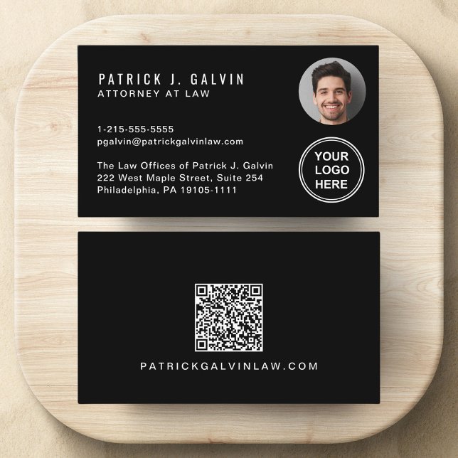 Carte De Visite Logo de photo de code QR professionnel noir (Make a lasting impression with this modern business card featuring your photo, logo and QR code)