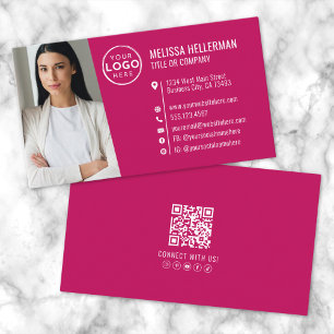 Carte De Visite Logo de photo de code QR professionnel rose modern