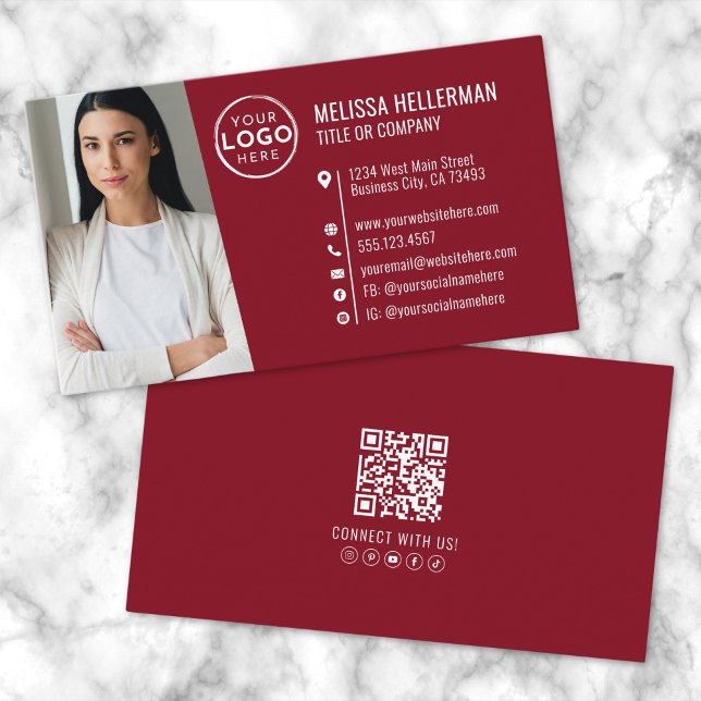 Carte De Visite Logo de photo de code QR professionnel rouge moder (Modern Red Professional QR Code Photo Logo Business Card )