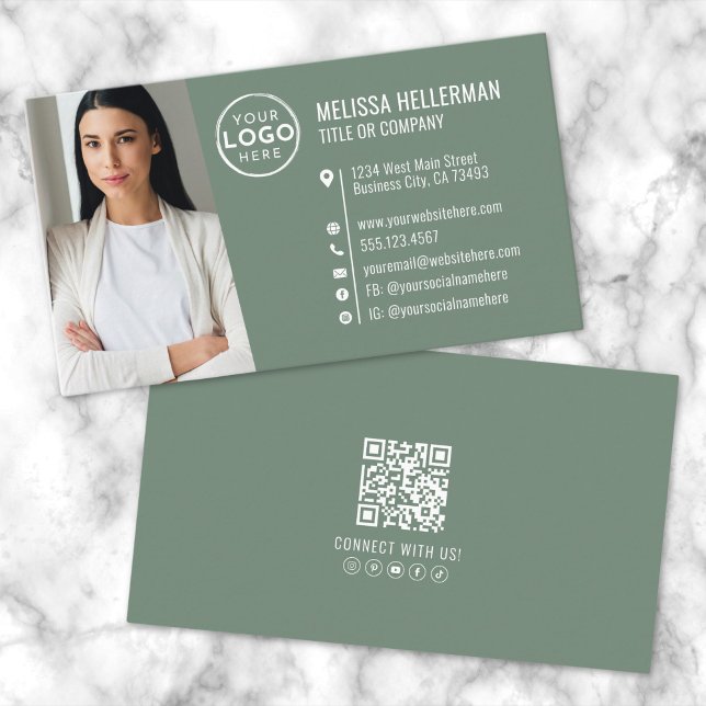 Carte De Visite Logo de photo de code QR professionnel vert modern (Modern Green Professional QR Code Photo Logo Business Card)