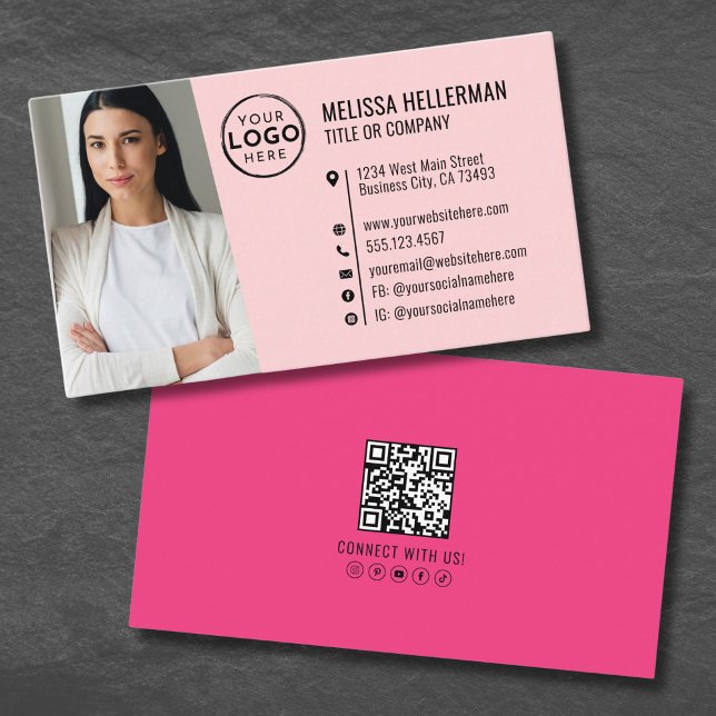 Carte De Visite Logo de photo de code QR rose féminin (Girly Pink QR Code Photo Logo Business Card )