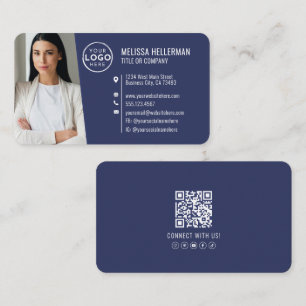 Carte De Visite Logo de photo QR Code bleu marine moderne professi