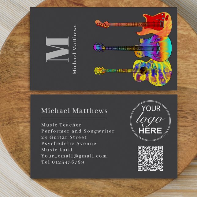 Carte De Visite Logo de professeur de musique guitariste moderne C (Modern guitar music tutor professional musician logo qr code Business card)