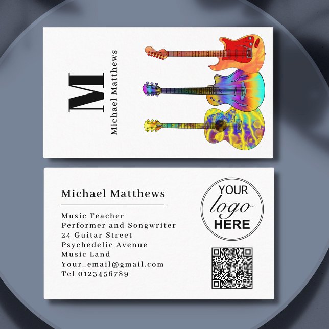 Carte De Visite Logo de professeur de musique guitariste moderne C (Musician logo and qr code guitar teacher custom business card)