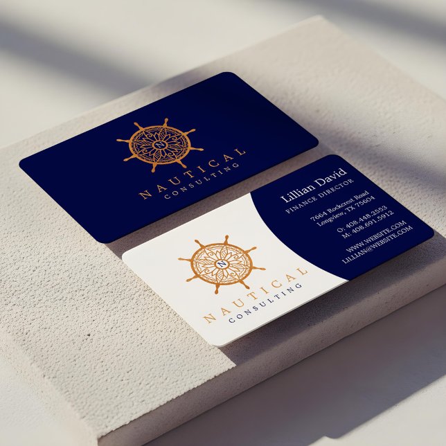 Carte De Visite Logo de roue de navire marine bleu marine (Sophisticated Navy Blue Nautical Ship Wheel Logo Business Card)
