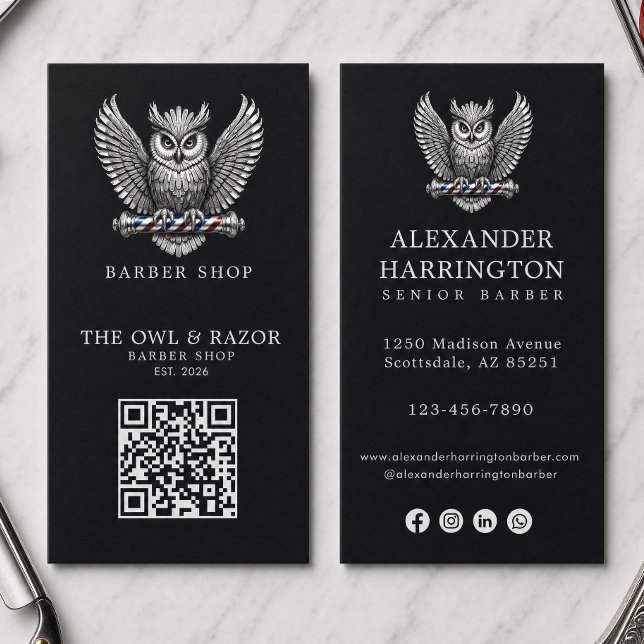 Carte De Visite Logo de salon de coiffure Modern Silver Owl Barber (Créateur téléchargé)