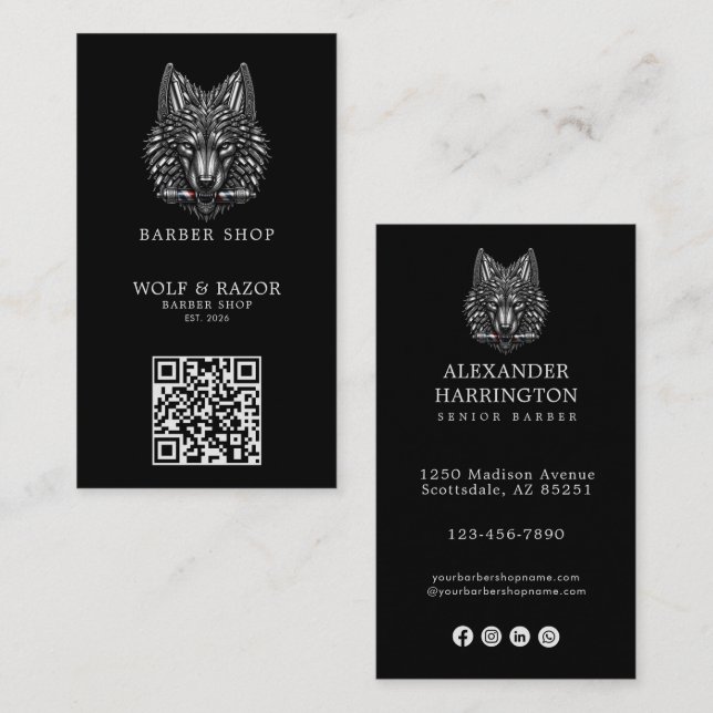 Carte De Visite Logo de salon de coiffure Modern Silver Wolf Barbe (Devant / Derrière)