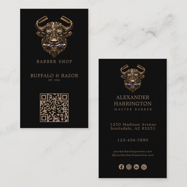 Carte De Visite Logo de salon de coiffure moderne en bronze buffle (Devant / Derrière)