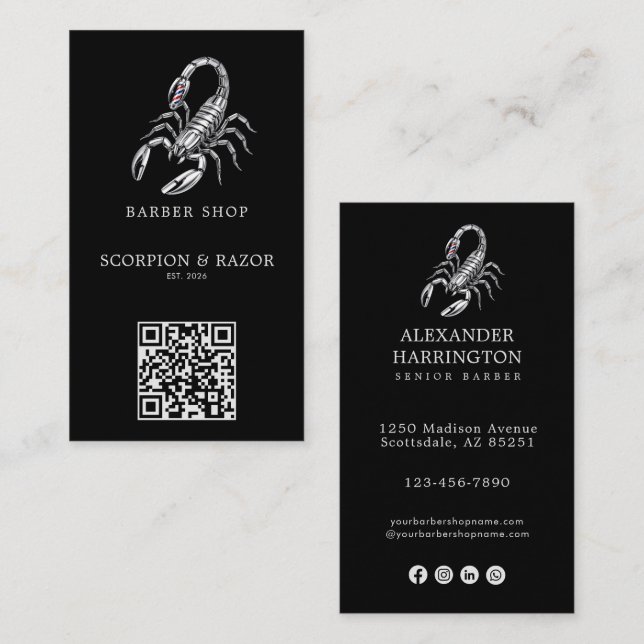 Carte De Visite Logo de salon de coiffure Scorpion Argenté Moderne (Devant / Derrière)