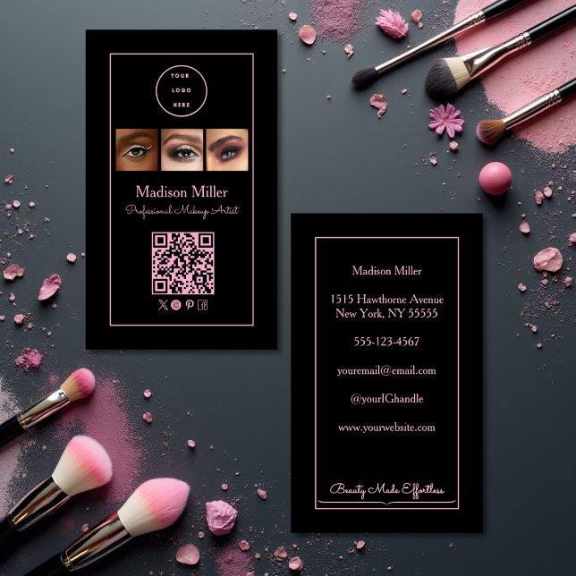 Carte De Visite Logo de script Black Pink Code QR Photo Maquillage (Créateur téléchargé)