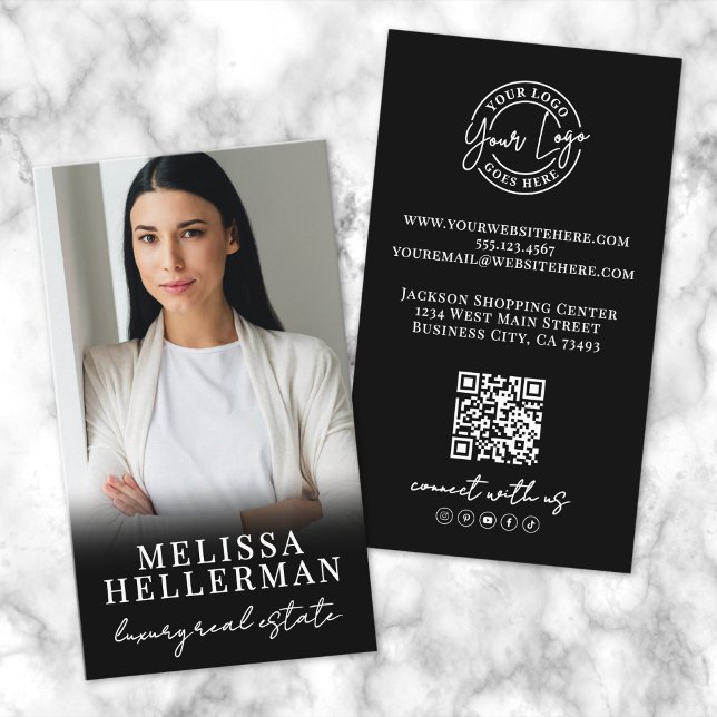 Carte De Visite Logo de script de code QR photo noir vertical (Black Photo QR Code Script Logo Vertical Business Card)