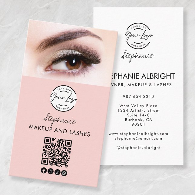 Carte De Visite Logo de script rose Blush Code QR Photo Lashes Stu (Créateur téléchargé)