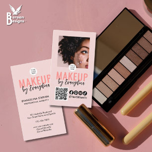 Carte De Visite Logo de script rose poudré Code QR Photo Maquillag