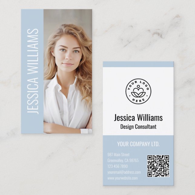 Carte De Visite Logo de société Code QR Moderne Professionnel Bleu (Devant / Derrière)