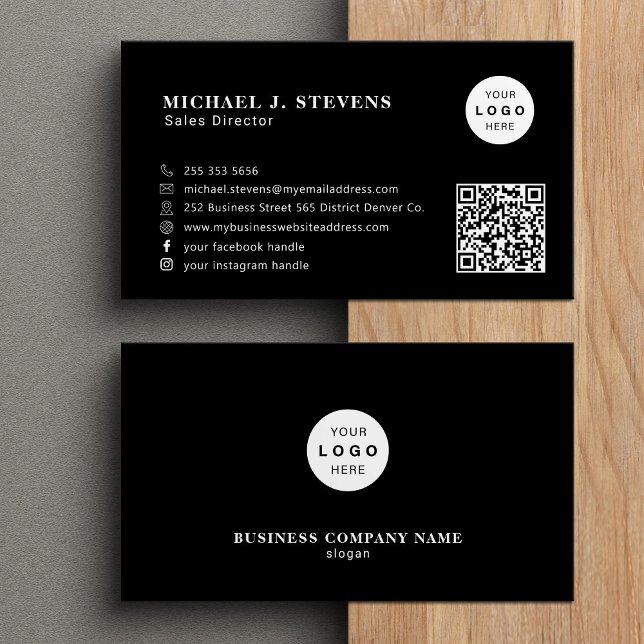 Carte De Visite logo de société code QR professionnel noir (Créateur téléchargé)