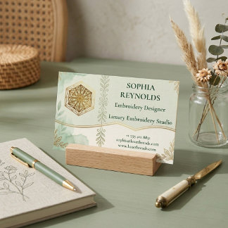 Carte De Visite Logo de studio de broderie vert sauge avec écritur
