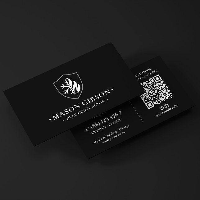 Carte De Visite Logo de technicien de chauffage moderne AC noir et (Modern Heating AC Technician Logo Black White Business Card
)