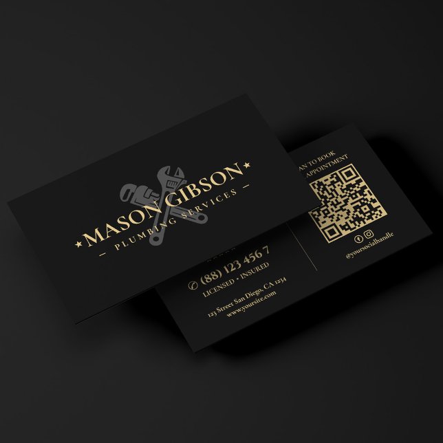 Carte De Visite Logo de technicien de drain et d'égout de plombier (Modern Plumber Drain Sewer Technician Logo Black Business Card
)