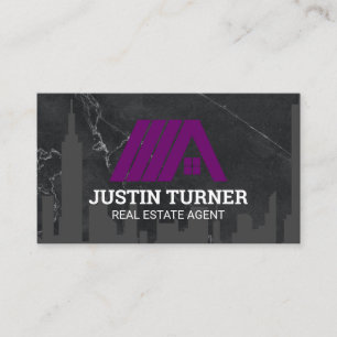 Carte De Visite Logo de toit immobilier violet Marbre noir éléga