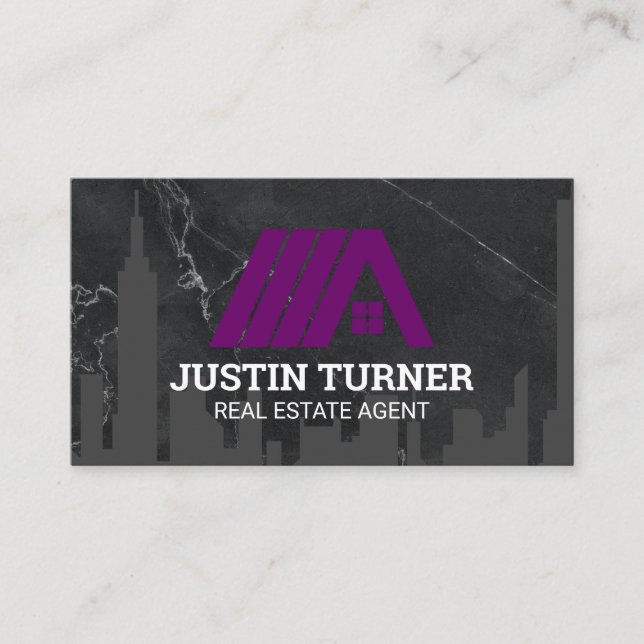 Carte De Visite Logo de toit immobilier violet | Marbre noir éléga (Devant)