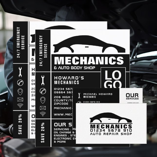 Carte De Visite Logo de voiture blanc et noir, mécanique automatiq (Créateur téléchargé)