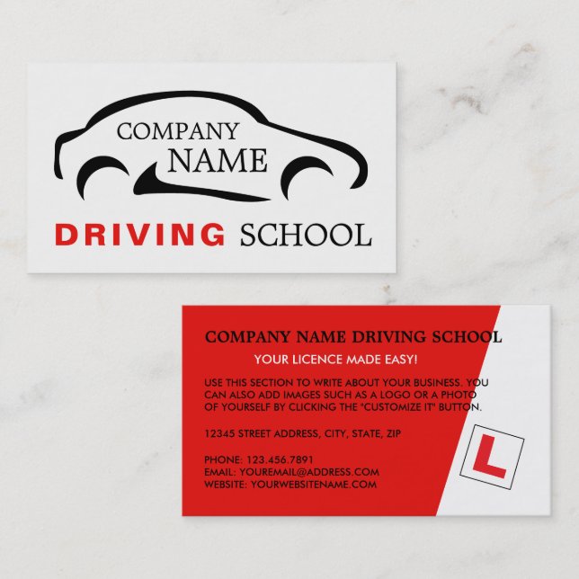 Carte De Visite Logo de voiture noire, École de conduite, Instruct (Devant / Derrière)