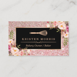 Carte De Visite Logo de Whisk Chef boulangerie   Floral Rose Gold 