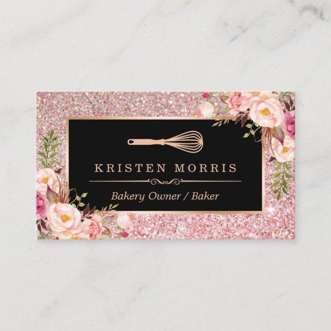 Carte De Visite Logo de Whisk Chef boulangerie | Floral Rose Gold  (Devant)