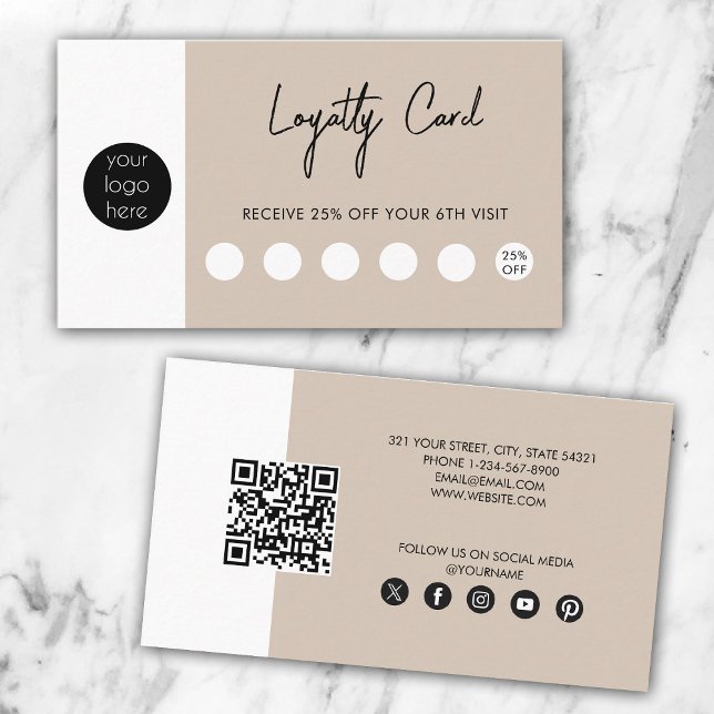 Carte De Visite Logo d'entreprise beige Code QR Fidélité (Beige Business Logo QR Code Loyalty Business Card)