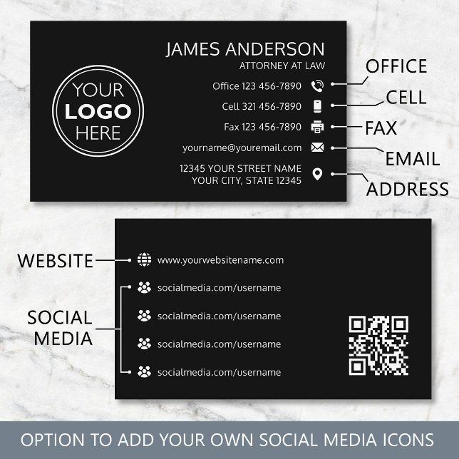 Carte De Visite Logo d'entreprise Code QR noir professionnel Fax (Créateur téléchargé)