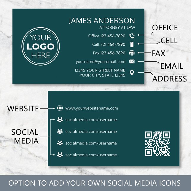 Carte De Visite Logo d'entreprise Code QR Télécopie Turquoise Prof (Créateur téléchargé)