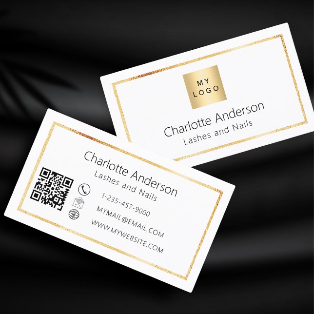 Carte De Visite Logo d'entreprise élégant en or blanc Code QR (Créateur téléchargé)