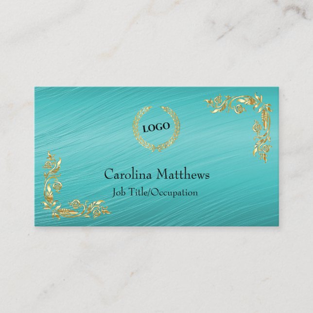 Carte De Visite Logo d'entreprise Gold Foil Corner Floral Turquois (Devant)