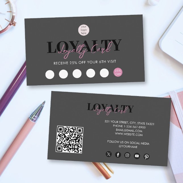 Carte De Visite Logo d'entreprise noir et rose QR Code Fidélité (Black & Pink Business Logo QR Code Loyalty Business Card)