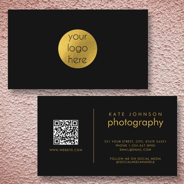 Carte De Visite Logo d'entreprise personnalisé Cercle Noir Or mode (Custom Business Logo Circle Black Gold Modern Business Card)