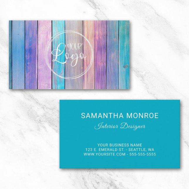 Carte De Visite Logo d'entreprise Violet Rose Turquoise Planches d (Business Logo Purple Pink Teal Wood Planks Card)