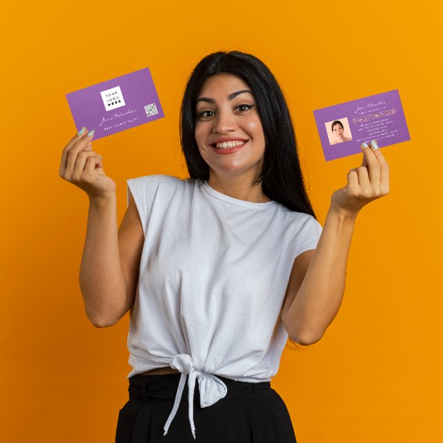 Carte De Visite Logo des médias sociaux Photo QR Code maquillage v (Social Media Logo Photo QR Code Makeup Purple Business Card)