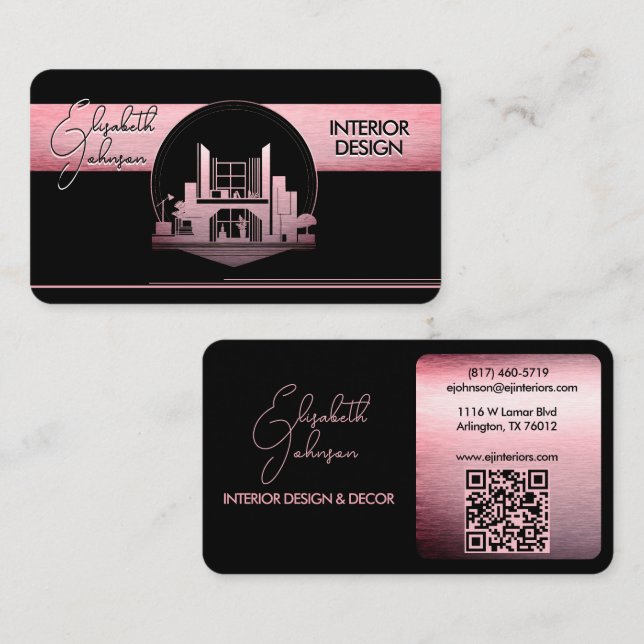 Carte De Visite Logo design d'intérieur ou Architecte Noir et Rose (Devant / Derrière)