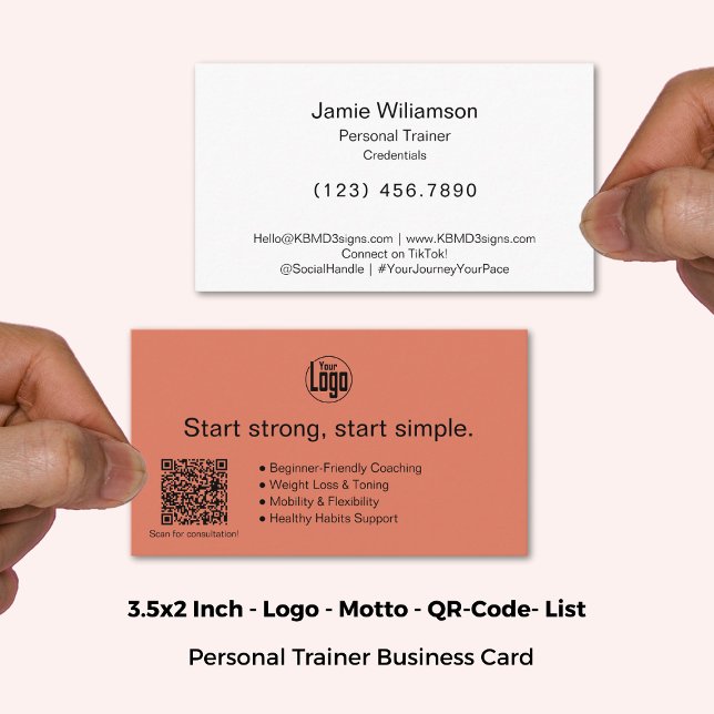 Carte De Visite Logo Devise QR-code Services Orange Brûlé Fitness (3.5x2 Inch, Logo Motto Services Burnt Orange Personal Trainer Business Card)