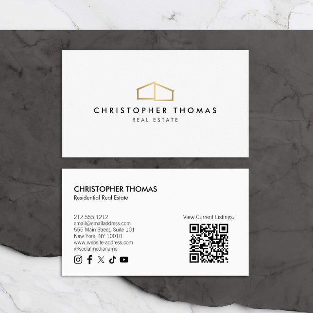 Carte De Visite Logo d'habitation moderne Immobilier Blanc/Or Code (Créateur téléchargé)