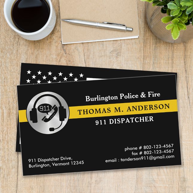 Carte De Visite Logo Dispatcher Custom Thin Gold Line 911 (Créateur téléchargé)