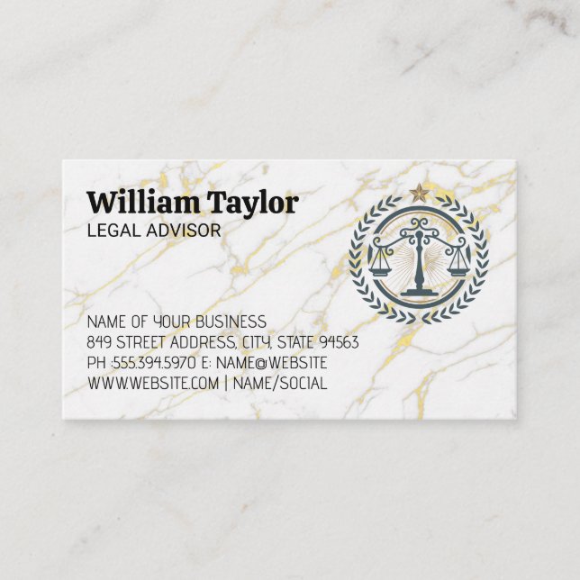 Carte De Visite Logo Droit Justice | Marbre or (Devant)