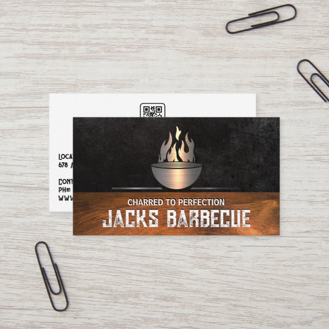 Carte De Visite Logo du barbecue métallique | Noir lisse | Découpe (Devant/Arrière en situation)