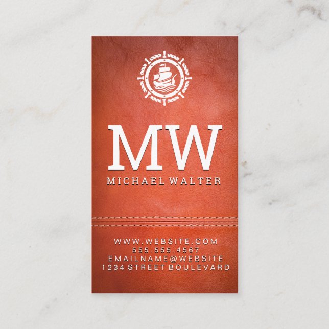 Carte De Visite Logo du bateau à voile | Cuir | Double pointillé (Devant)