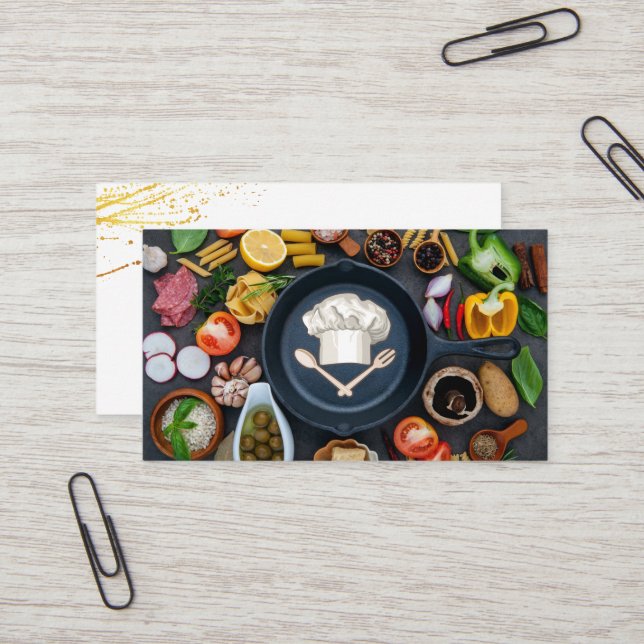 Carte De Visite Logo du chef Casquette | Poêle à frire | Légumes a (Devant/Arrière en situation)