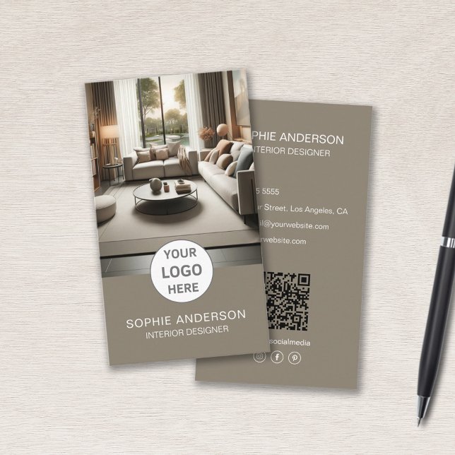 Carte De Visite Logo du concepteur d'intérieur Photo QR Social Med (Interior Designer Logo Photo QR Social Media Taupe Business Card)