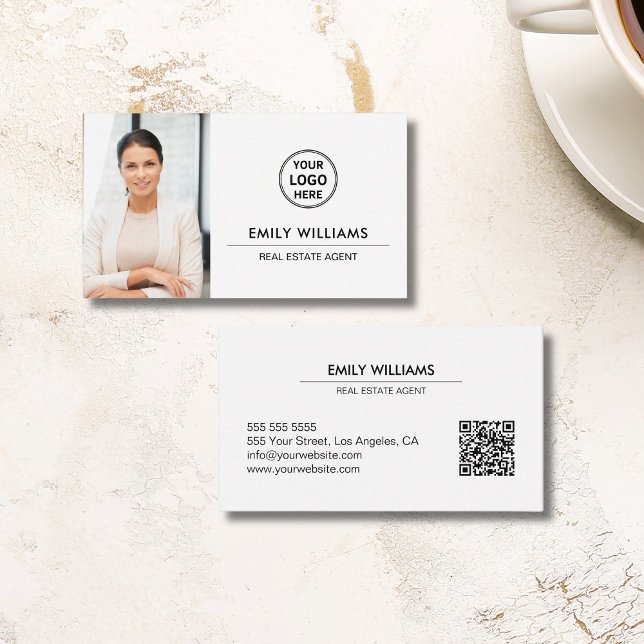 Carte De Visite Logo du courtier immobilier Photo QR White (Real Estate Broker Logo Photo QR White Business Card)
