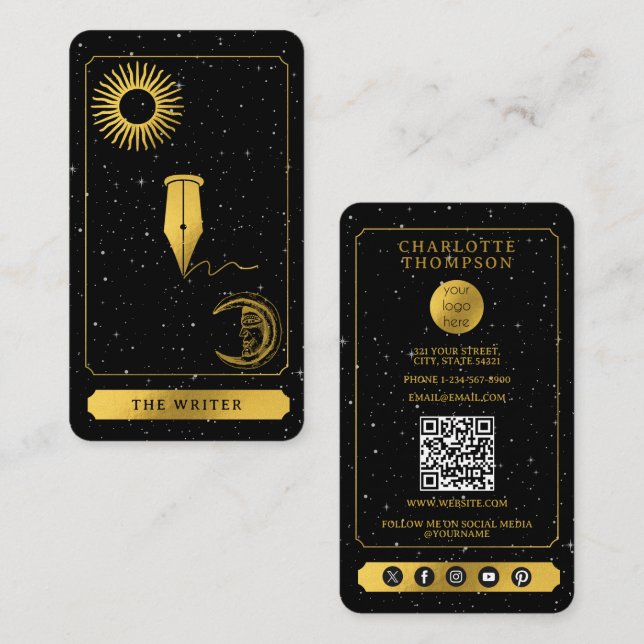 Carte De Visite Logo du Tarot Céleste Noir Or Écrivain Auteur (Devant / Derrière)