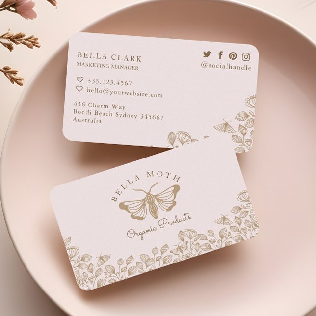 Carte De Visite Logo élégant & chic Rose & Or Florals & Moth (Elegant & Chic Pink & Gold Florals & Moth Logo Business Card)