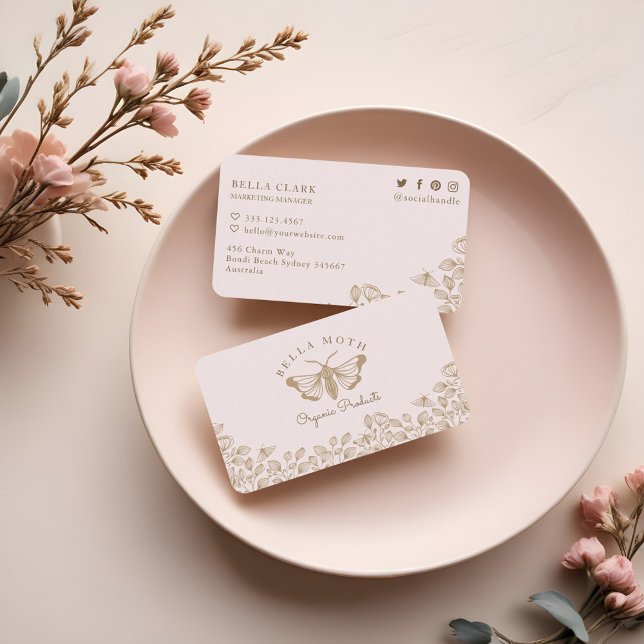 Carte De Visite Logo élégant & chic Rose & Or Florals & Moth (Elegant & Chic Pink & Gold Florals & Moth Logo Business Card)